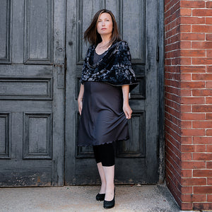 angelrox® flare bias vneck dress in carbon styled with crush loop