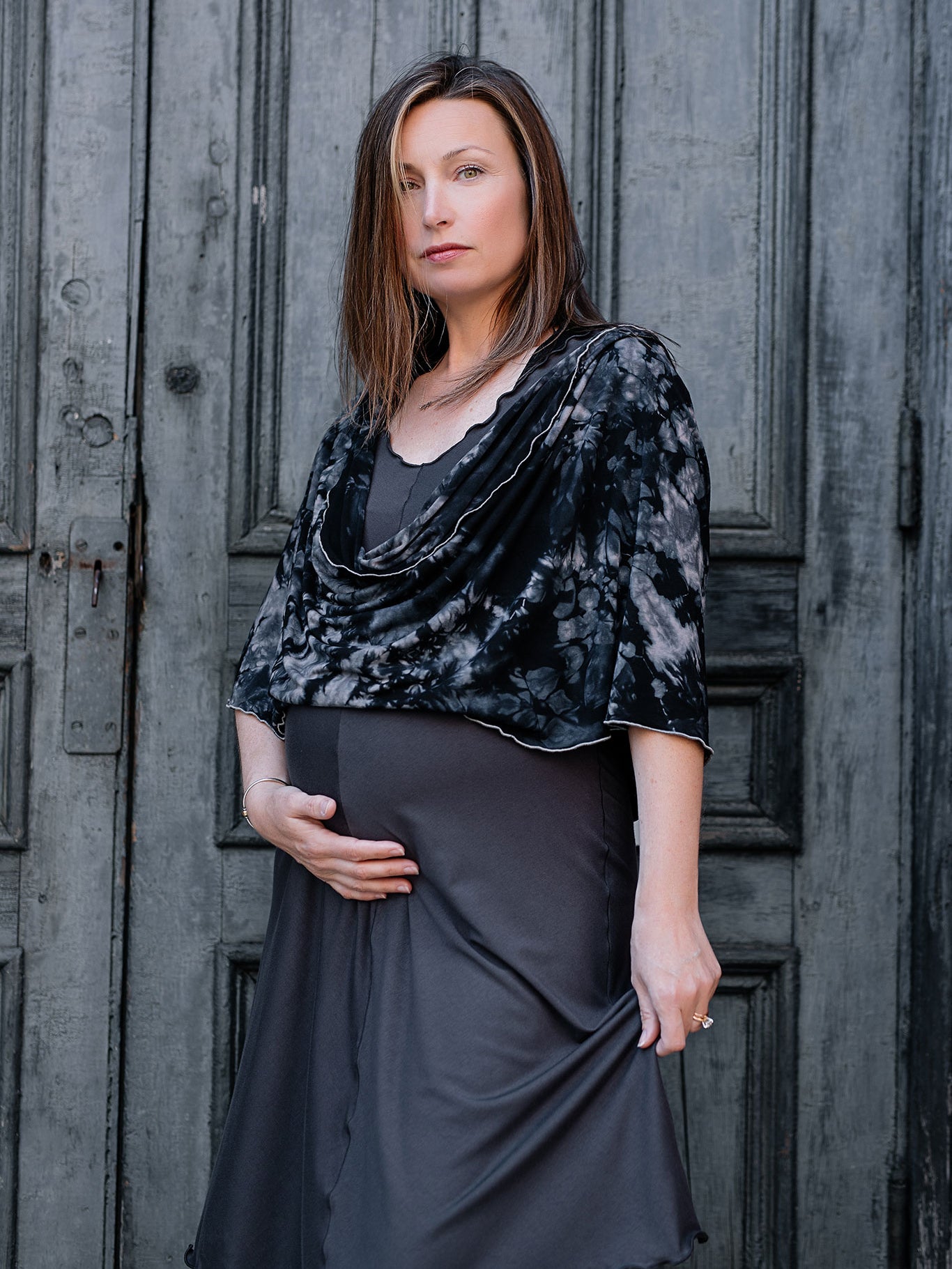 angelrox® flare bias vneck dress in carbon paired with crush loop