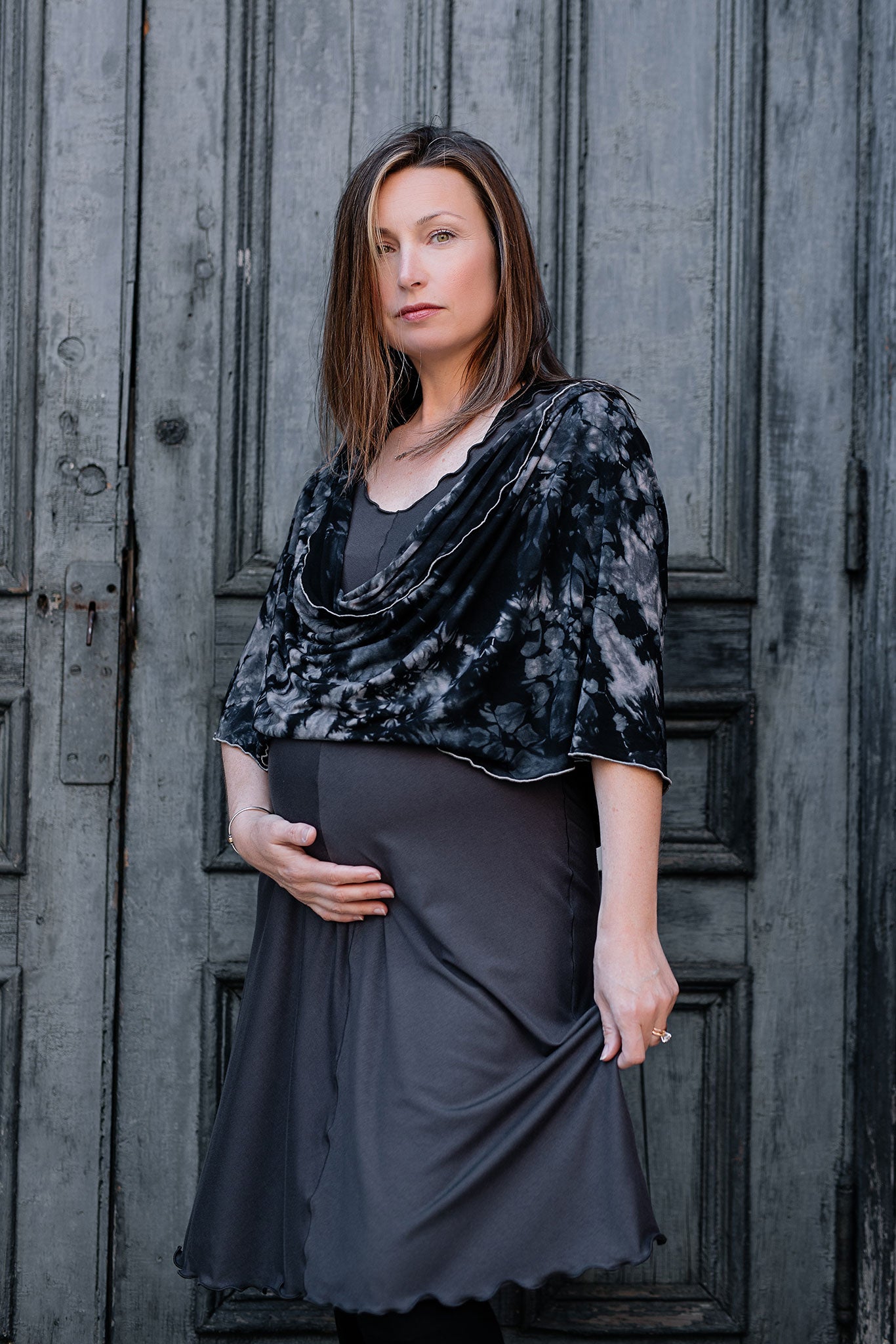 angelrox® flare bias vneck dress in carbon paired with crush loop