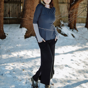 harlow elegant convertible wide leg pant in black with rose top in carbon