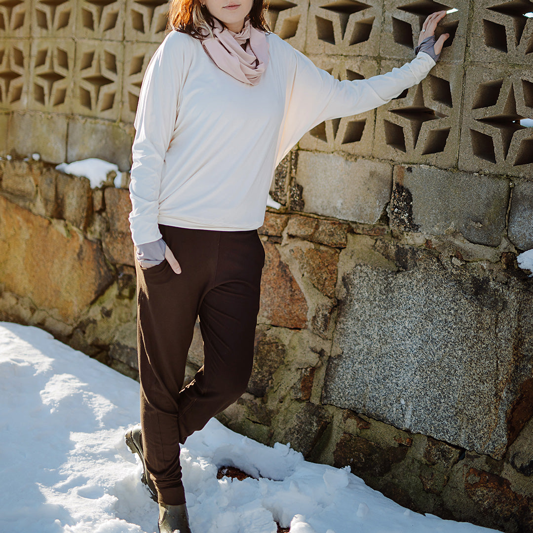 jogger in peat paired with pop top in milk, ballet hourglass around neck, and moon opera sleeves