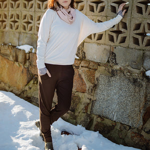 jogger in peat paired with pop top in milk, ballet hourglass around neck, and moon opera sleeves