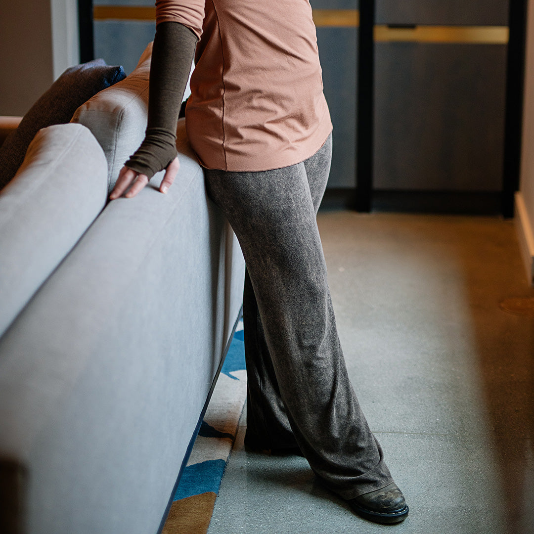 suger trouser in mineral with cedar grace top and espresso opera sleeves